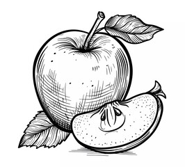 black and white vector line drawing of apple, one apple cut in half with the core still on it, in clip art style