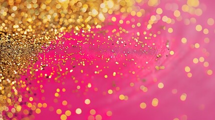 Wall Mural - Hot pink background with gold glitter accents, mid-angle view, sparkling and glamorous, bold and chic