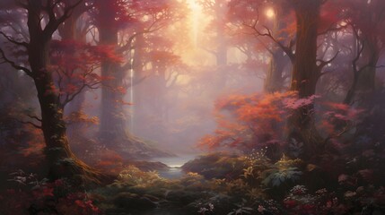 Wall Mural - Autumn forest landscape with fog and sunbeams, 3d render