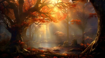 Wall Mural - Autumn forest with fog and sunbeams - panoramic background