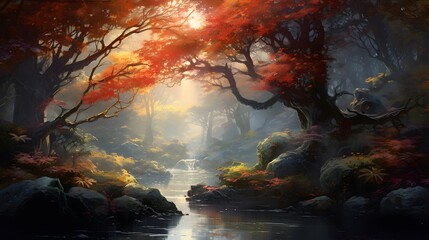 Wall Mural - Autumn forest landscape with river and trees. Digital painting. 3d illustration