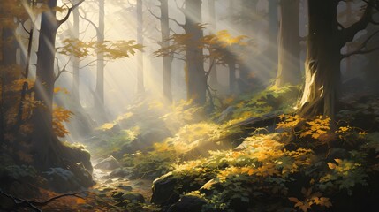 Wall Mural - Autumn forest with fog and sunbeams. Panoramic image