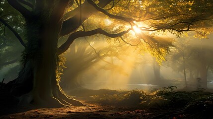 Wall Mural - Panoramic view of a foggy forest at sunrise in autumn