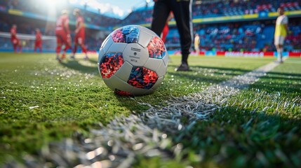 Wall Mural - A soccer ball is on the field with a group of players