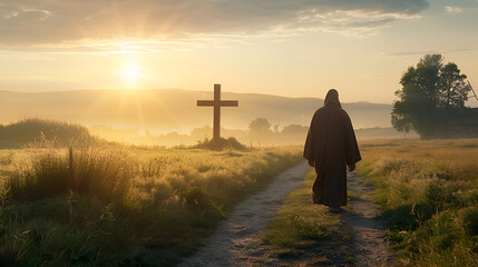 silueta de un fraile franciscano caminando por el camino hacia la cruz en un hermoso paisaje con el atardecer al fondo entre las montañas monje meditando y orando religion catolica