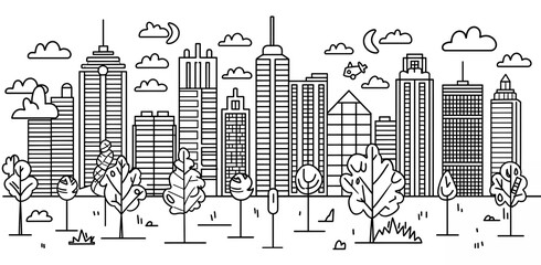 line art drawing of city skyline in simple vector line style on white background
