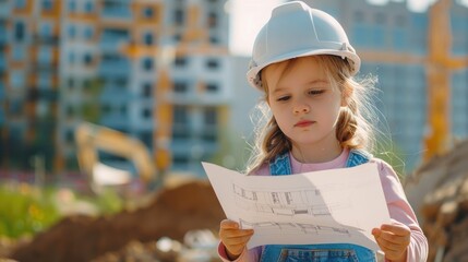 A young girl in a helmet is happily examining a blueprint, combining fun and safety while exploring. Her sports gear adds a touch of personal protection and fashion to her leisure activities AIG50