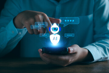 Wall Mural - ai chat bot technology concept, business man using technology smart robot ai intelligence, command p