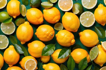 Wall Mural - Whole fresh lemons and limes with leaves, background pattern backdrop