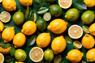 Wall Mural - Whole fresh lemons and limes with leaves, background pattern backdrop