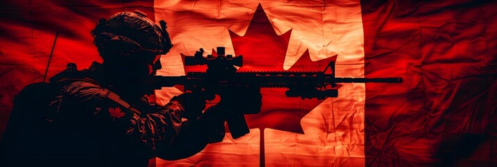 Wall Mural - The flag of Canada and the silhouette of a soldier aiming their weapon
