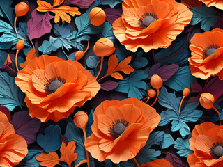 Wall Mural - poppy flowers background flower, pattern, floral, seamless, vector, nature, illustration, wallpaper, summer, poppy, leaf, flowers,Ai generated 