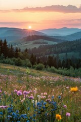 Wall Mural - A beautiful field of flowers with a mountain in the background