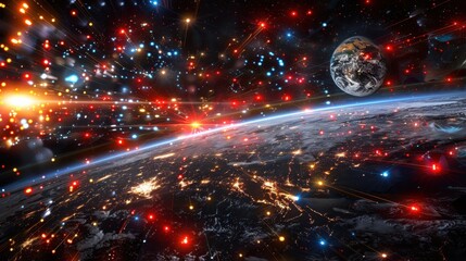 Wall Mural - A colorful galaxy with a bright planet in the center