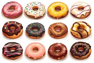 Wall Mural - A View of 32-bit Donuts, in a vector cartoon style, isolated white background