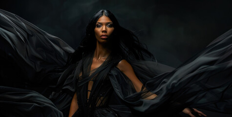 Wall Mural - A model in a black dress with a cape made of sheer fabric on the runway