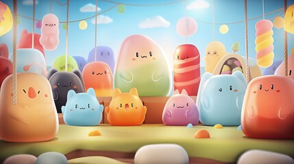 Wall Mural - A group of cute, chubby jelly animals gather in a cheerful setting, celebrating a special occasion with colorful decorations