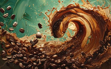 Coffee Beans Splashing in a Wave of Coffee