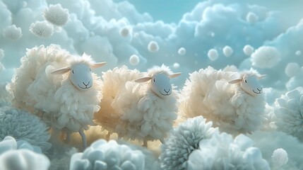 Wall Mural - A cartoon illustration of three fluffy sheep standing in a field of clouds