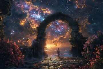 Wall Mural - A colorful spiral galaxy with a person standing in the middle of it