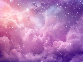 ethereal sky filled with pink and purple clouds and twinkling stars, creating a dreamy celestial sce