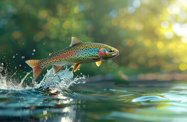 Wall Mural - A rainbow trout leaping out of the water