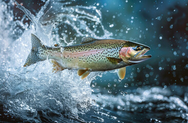 Wall Mural - A rainbow trout leaping out of the water