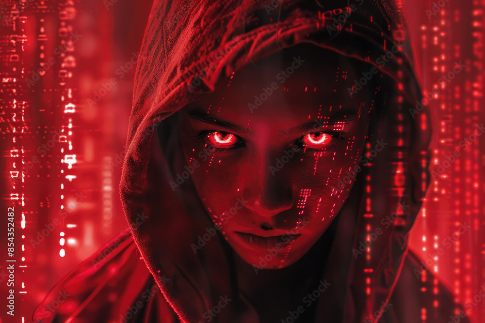 A dark hooded figure with glowing eyes, surrounded by digital code and ...