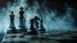 © Otseira - Chess board game concept of business ideas and competition and strategy ideas concept. Chess figures on a dark background with smoke and fog. Selective focus