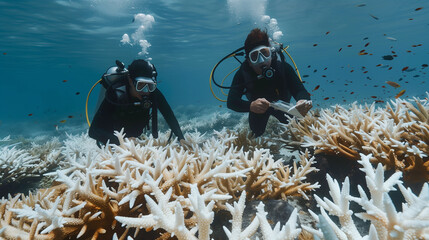 A man is diving into the ocean and touching a coral