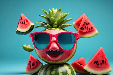 Wall Mural - Tropical watermelon wearing summer sunglasses.