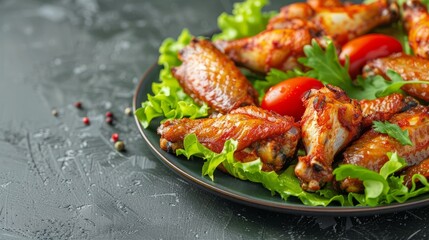 spicey chicken wings with lettuce on plate. copy space