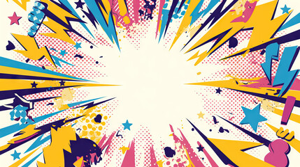 Comic abstract pop art background featuring A white starburst framed by dynamic colorful thunder.