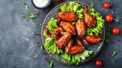 Wall Mural - spicey chicken wings with lettuce on plate. copy space