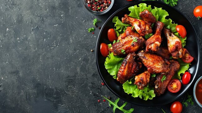 spicey chicken wings with lettuce on plate. copy space