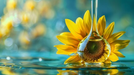 Detailed oil drop with sunflowers inside, sunflower oil bottle in background, vibrant and isolated, bright studio lighting