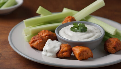 Wall Mural - boneless buffalo chicken wings with ranch dressing and celery sticks on a plate