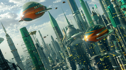 Wall Mural - A futuristic cityscape with neon lights and flying cars. Scene is futuristic and exciting