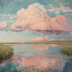 Sticker - Abstract oil painting of giant pink cumulus cloud