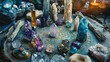 © Paul - Intricate crystal healing grid with various crystal towers and sage smudge sticks, serene and mystical ambiance