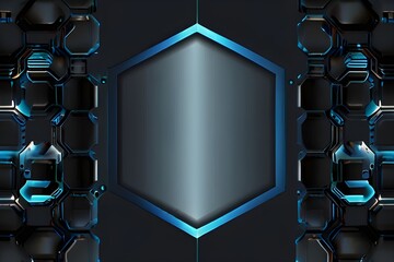 Dark gray hexagonal technology vector abstract background. Blue bright energy flashes under hexagon in modern technology futuristic background vector illustration. Generative AI