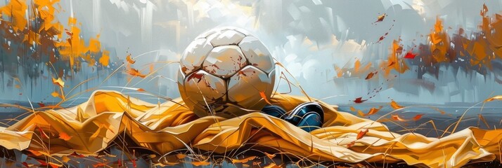 Wall Mural -  Create an image of a soccer ball on the center, with cleats and whistle around it. The background is pitch green, 