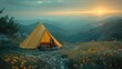 © Алина Бузунова - man sitting inside an orange tent and looking at a beautiful mountain landscape during sunset while camping, an adventurous travel concept