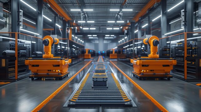 A modern industrial automation hub with robots optimizing manufacturing processes 