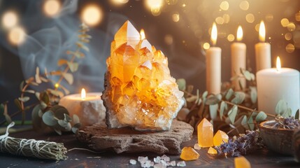 Citrine crystal rock with sage smudge sticks and herbs, white candles glowing under moody lighting, spiritual setting