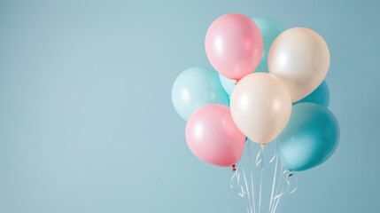 Wall Mural - Close-up of a bouquet of pastel-colored balloons with strings, perfect for celebrations or parties, against a neutral background. 