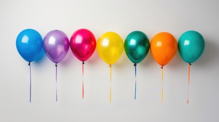 Wall Mural - A collection of colorful helium balloons in various shapes and sizes, arranged neatly against a plain white backdrop. 