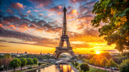 Wall Mural - Eiffel Tower at sunset in Paris, France. Romantic travel background