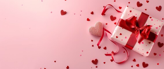 Elegant Valentine's Day Banner Concept with Gift Box on Pink Background, Flat Lay Top View, Featuring Soft Lighting for Romantic and Festive Design Themes