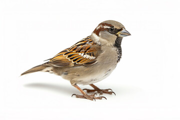 Wall Mural - House Sparrow on white background, streaked brown and white plumage.